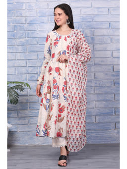 W - Beige Floral Printed Pure Cotton Anarkali Kurta Pant and Dupatta (Set of 3)