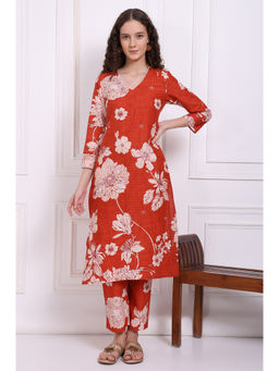 W - Rust Floral Printed Swiss Dot Cotton Straight Kurta and Pant (Set of 2)