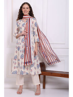 W - Off White Floral Printed Pure Cotton Flared Kurta Pant and Dupatta (Set of 3)