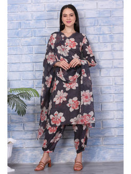 W - Charcoal Grey Floral Printed Straight Kurta Salwar and Dupatta (Set of 3)