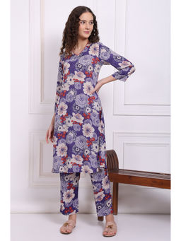 W - Purple Floral Printed Modal Straight Kurta and Pant (Set of 2)