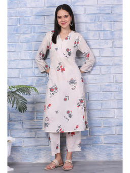W - Off White Floral Printed Pure Cotton A-Line Kurta and Pant (Set of 2)