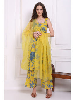 W - Yellow Bold Floral Printed Pure Cotton Straight Kurta Pant and Dupatta (Set of 3)
