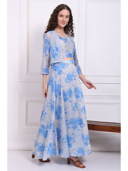 W - Dusty Blue Spaghetti Crop Top Embroidered Shrug and Skirt (Set of 3)