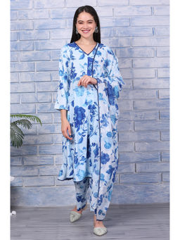 W - Blue Floral Printed Rayon Lace Flared Kurta Pant and Dupatta (Set of 3)
