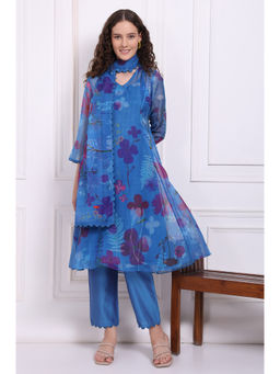 W - Blue Floral Printed Organza Flared Kurta with Slip Pant and Dupatta (Set of 4)