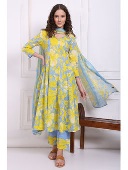 W - Blue Bold Floral Printed Flared Kurta Pant and Dupatta (Set of 3)