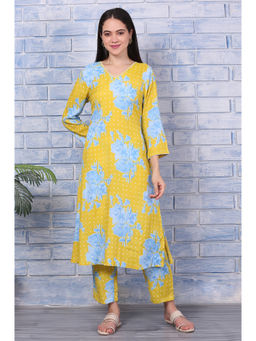 W - Yellow Floral Printed Lace Straight Kurta and Pant (Set of 2)