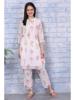 W - White Floral Printed Organza Straight Kurta and Pant (Set of 2)