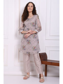W - Grey Floral Printed Organza Straight Kurta and Straight Pant (Set of 2)