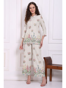 W - Off White Floral Printed Checker Pure Cotton Co-Ord (Set of 2)
