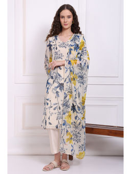 W - Beige Floral Printed Chiffon Flared Kurta Pant and Dupatta (Set of 3)