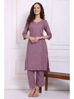 W - Purple Embroidered Pure Cotton Straight Kurta and Pant (Set of 2)