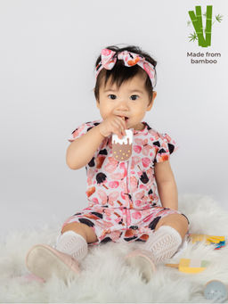 The Plush Club - Pink Bamboo Half Sleeves Ice-Cream Printed Romper