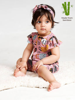 The Plush Club - Pink Bamboo Half Sleeves Cups Printed Romper