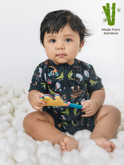 The Plush Club - Dark Blue Bamboo Half Sleeves Animal Safari Printed Romper