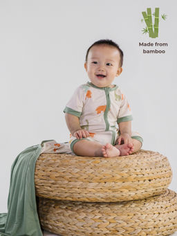 The Plush Club - Beige Bamboo Dino Dreams Printed Half Sleeves Zipper Romper