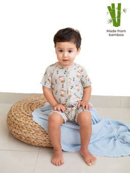 The Plush Club - Green Bamboo Half Sleeves Animal Monkey Printed Romper