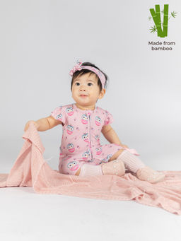 The Plush Club - Pink Bamboo Half Sleeves Animal Owl Printed Romper