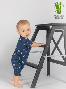 The Plush Club - Navy Blue Bamboo Half Sleeves Space Rocket Printed Romper
