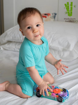 The Plush Club - Turquoise Bamboo Half Sleeves Solid Blue Printed Romper