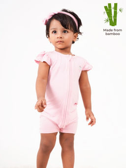 The Plush Club - Pink Bamboo Half Sleeves Solid Pink Printed Romper
