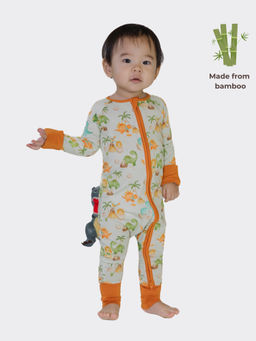 The Plush Club - White Bamboo Dino World Printed Long Sleeves Zipper Onesie