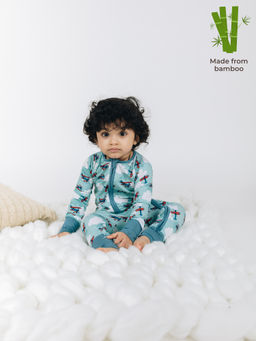 The Plush Club - Blue Bamboo Full Sleeves Aeroplane Jet Printed Onesie