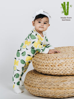 The Plush Club - White Bamboo Full Sleeves Lemon Printed Onesie