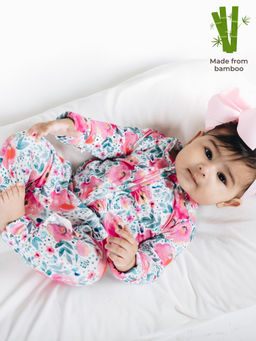 The Plush Club - Pink Bamboo Full Sleeves Pink Flower Printed Romper