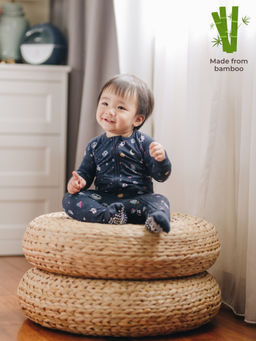 The Plush Club - Navy Blue Bamboo Full Sleeves Space Rocket Printed Onesie
