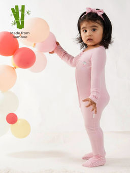 The Plush Club - Pink Bamboo Full Sleeves Solid Blue Printed Onesie