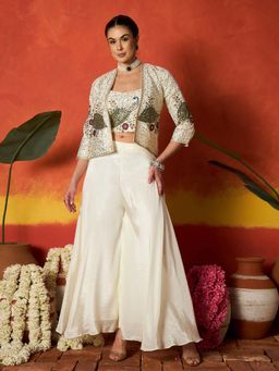 Stylum - Women Cream Silk Blend Top with Jacket and Palazzo