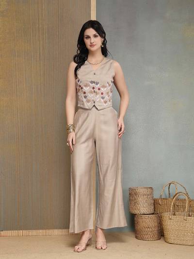 Women Grey Polyester Waistcoat with Pant