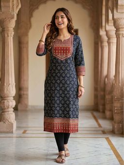 FASHOR - Women Navy Blue Cotton Kurta