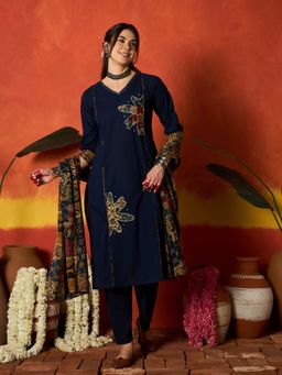 Stylum - Women Blue Cotton Kurta with Pant and Dupatta