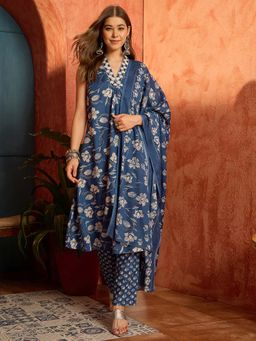 Stylum - Women Blue Cotton Kurta with Pant and Dupatta
