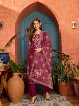 Stylum - Women Maroon Chanderi Silk Kurta with Pant and Dupatta