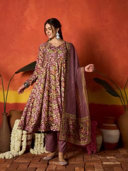 Stylum - Women Mauve Rayon Anarkali Kurta with Pant and Dupatta
