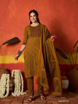 Stylum - Women Mustard Cotton Kurta with Pant and Dupatta