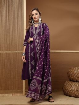 Stylum - Women Purple Cotton Kurta with Pant and Dupatta