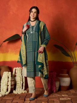 Stylum - Women Teal Cotton Kurta with Pant and Dupatta