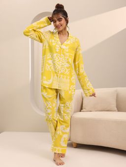 Libas - Women Yellow Printed Shirt with Pyjama (Set of 2)