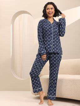 Libas - Women Navy Blue Printed Shirt with Pyjama (Set of 2)