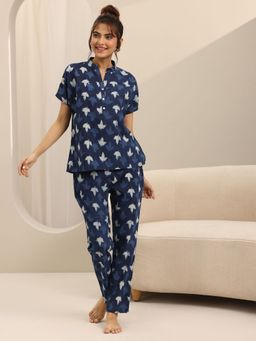 Libas - Women Navy Blue Printed Kurti with Pyjama (Set of 2)