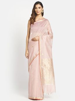 Fabindia - Pink Cotton Silk Chanderi Woven Saree without Blouse