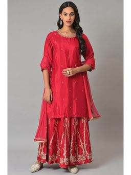 W - Red Solid Kurta-Cullote-Dupatta (Set of 3)