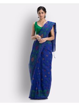 Angoshobha - Blue Handloom Printed Cotton Blend Saree with Unstitched