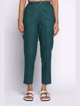 THISISDEHI - Women Green Linen Plain High Waist Regular Fit Pant
