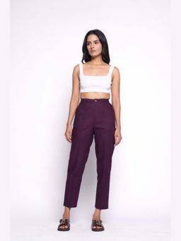 THISISDEHI - Women Purple Linen Plain Mid Waist Regular Fit Pant